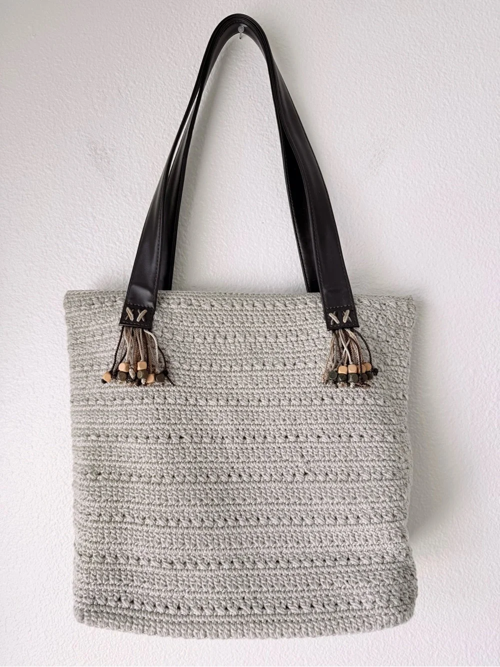 The Sak Vintage Crochet Boho Tote Bag - Cream Nylon String With Beaded Tassels